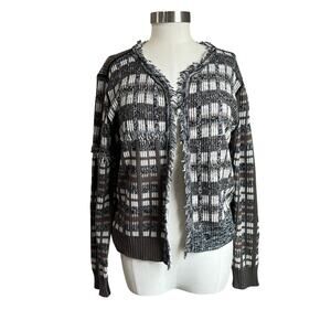 CAbi #4097 Gray Brown White Open Front Fringe Plaid Cardigan Sweater Sz Large